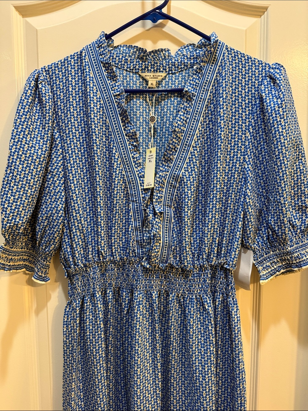 Max Studio Blue Geometric Smocked-Waist Tiered Maxi Dress NWT XL